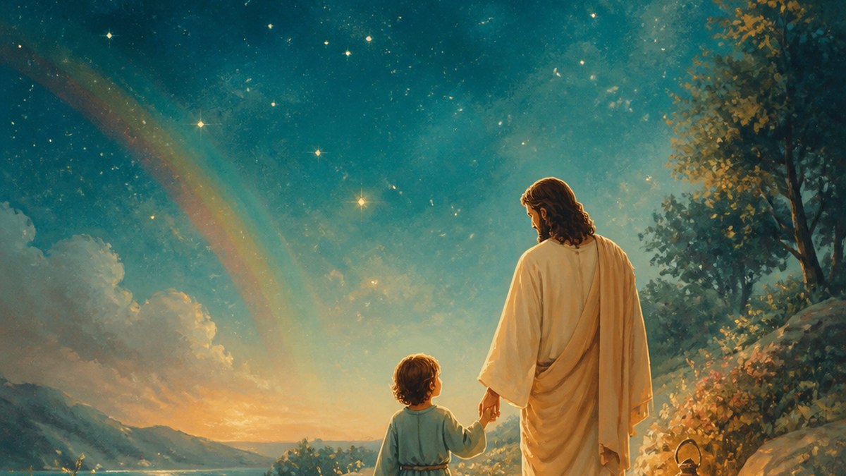 Jesus guiding a child beneath a rainbow and starry sky