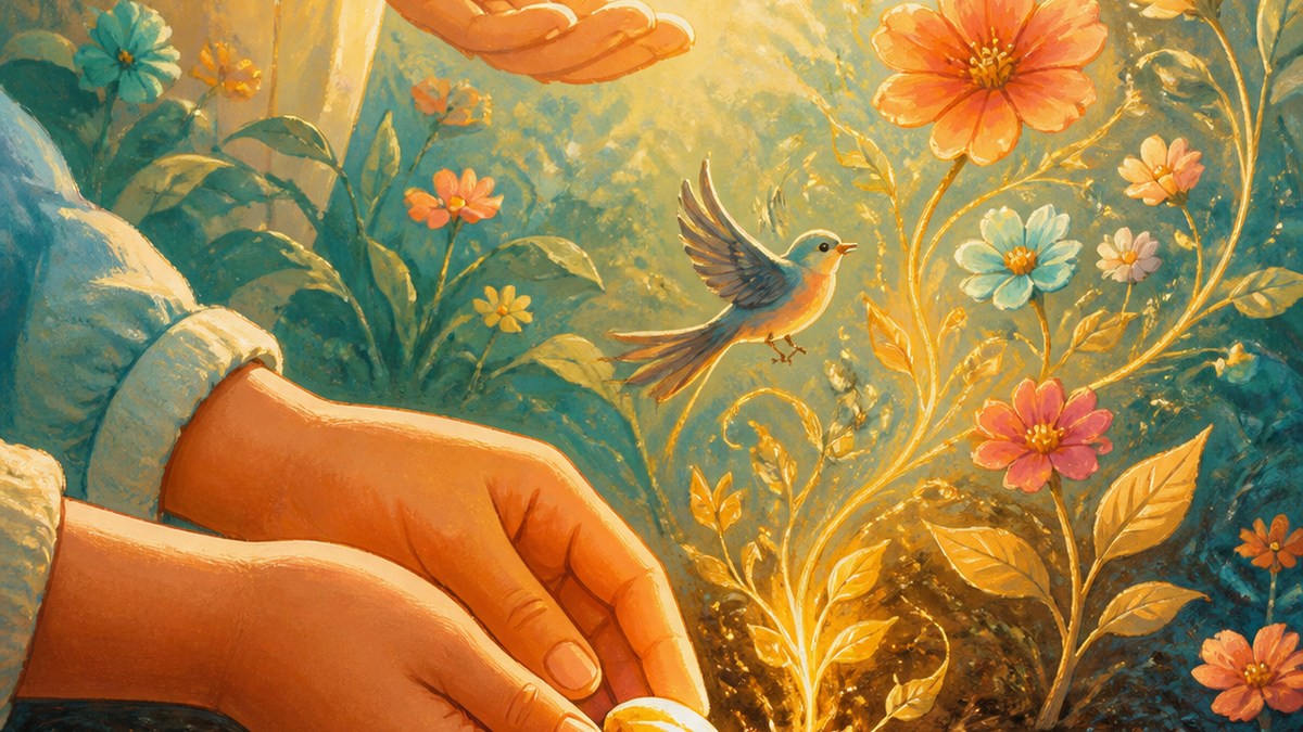 Hands nurturing a glowing seed in a colorful garden