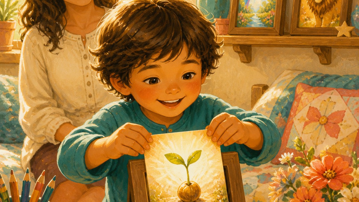 A joyful child displaying three framed promise keepsakes with symbols of Trust, Purpose and Courage